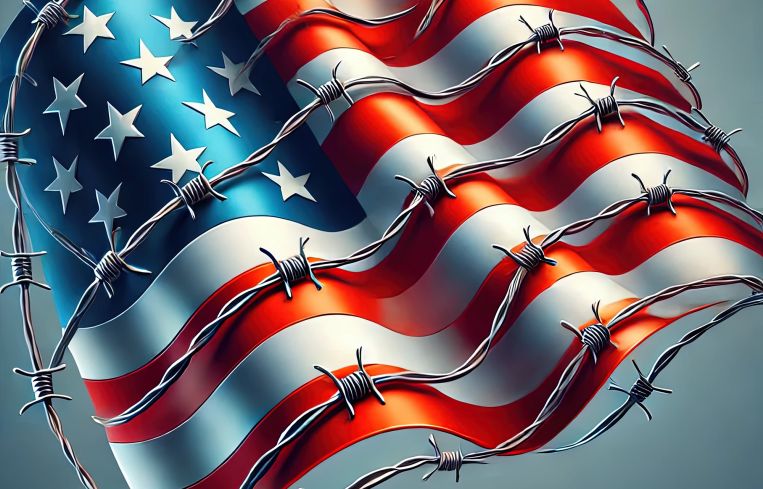 An American flag covered in barbed wire.