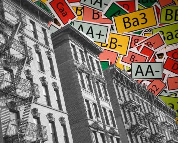 Apartment buildings overlayed onto debt ratings.