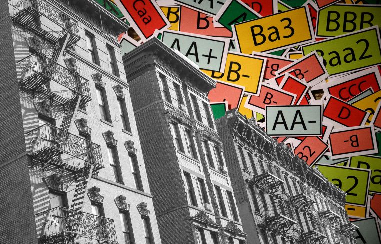 Apartment buildings overlayed onto debt ratings.