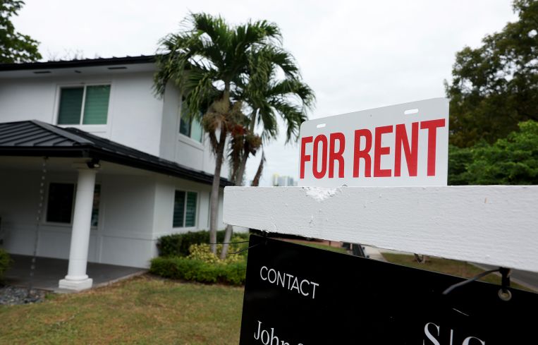 A "for rent" sign is posted in front of a home in Miami.