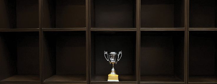A set of shelves, and one is filled with a trophy, and the others are empty.