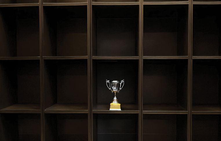 A set of shelves, and one is filled with a trophy, and the others are empty.