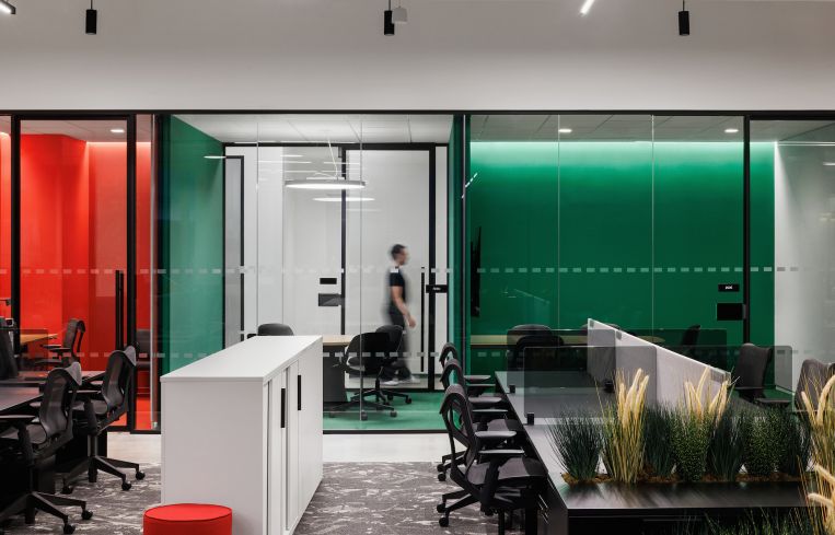 The new offices for the historic Studio Museum include color coded meeting rooms.