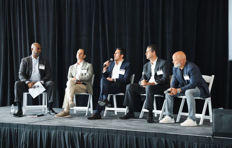 Horatio Jones (from left), Aaron Stolear, Alfonso Costa Jr., Andrew Till, and Daniel Lebensohn sit on a panel at the Commercial Observer South Florida Multifamily and Mixed Use Forum.
