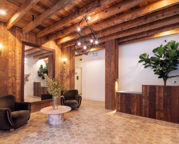 The lobby of 524 Halsey Street in Brooklyn is warm and inviting.