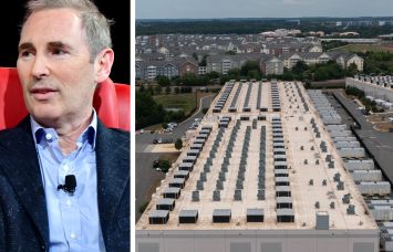 Amazon CEO Andy Jassy and an Amazon data center in Ashburn, Va.