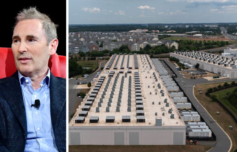 Amazon CEO Andy Jassy and an Amazon data center in Ashburn, Va.