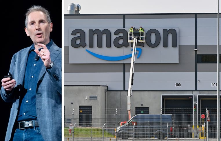 Amazon CEO Andy Jassy and an Amazon warehouse under construction.