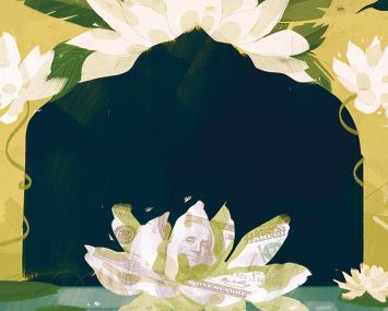 An illustration in the style of White Lotus with a $100 bill as the flower.