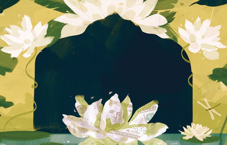 An illustration in the style of White Lotus with a $100 bill as the flower.