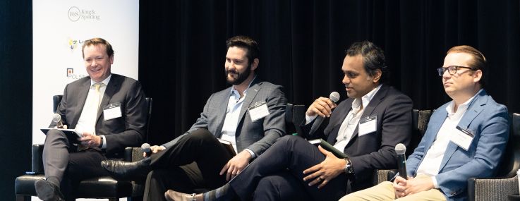 Dave Powell, Chad Colley, Vipin Nambiar, and Ben Curtiss sit on a panel at the Commercial Observer Dallas Investment Forum.