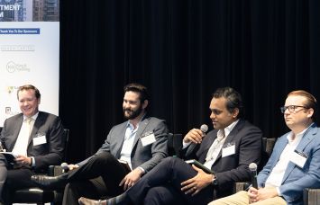 Dave Powell, Chad Colley, Vipin Nambiar, and Ben Curtiss sit on a panel at the Commercial Observer Dallas Investment Forum.