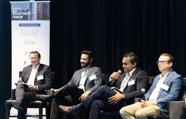 Dave Powell, Chad Colley, Vipin Nambiar, and Ben Curtiss sit on a panel at the Commercial Observer Dallas Investment Forum.