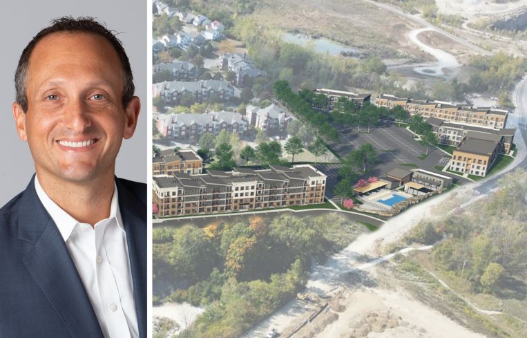Affinius Capital's David Greenburg and a rendering of Rockpointe at Quarry Trails, Columbus, Ohio.