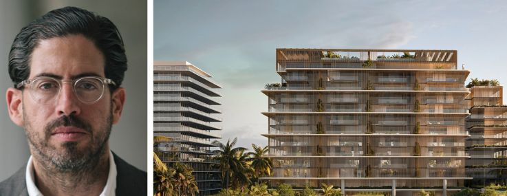 Terra Group's David Martin, Fortune International Group's Edgardo Defortuna, and a rendering of the planned condominium project in Key Biscayne, Fla.
