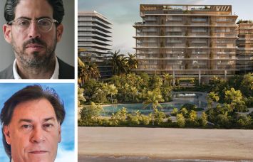 Terra Group's David Martin, Fortune International Group's Edgardo Defortuna, and a rendering of the planned condominium project in Key Biscayne, Fla.