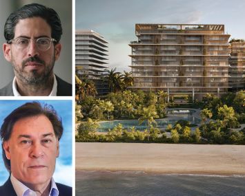 Terra Group's David Martin, Fortune International Group's Edgardo Defortuna, and a rendering of the planned condominium project in Key Biscayne, Fla.