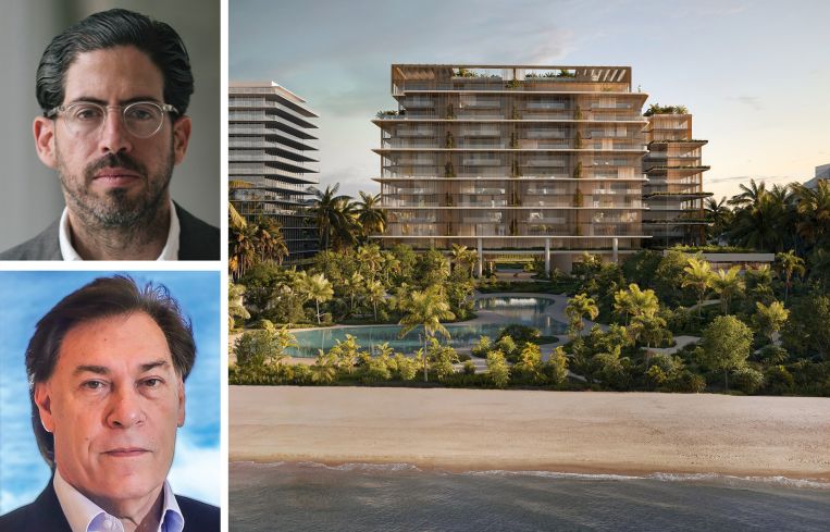 Terra Group's David Martin, Fortune International Group's Edgardo Defortuna, and a rendering of the planned condominium project in Key Biscayne, Fla.