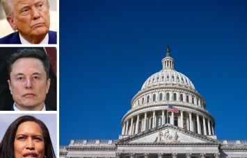President Donald Trump, Elon Musk, Washington D.C. Mayor Muriel Bowser and the U.S. Capitol.