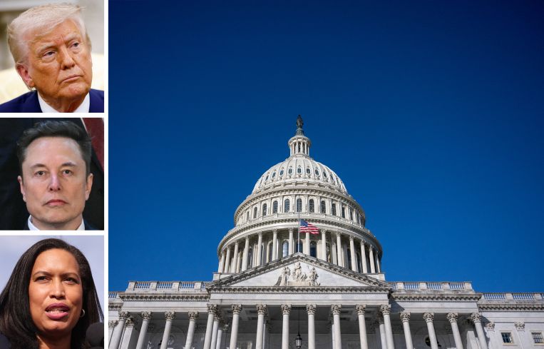 President Donald Trump, Elon Musk, Washington D.C. Mayor Muriel Bowser and the U.S. Capitol.