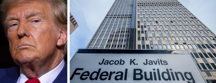President Donald Trump and the Jacob K. Javits Federal Building in Manhattan.