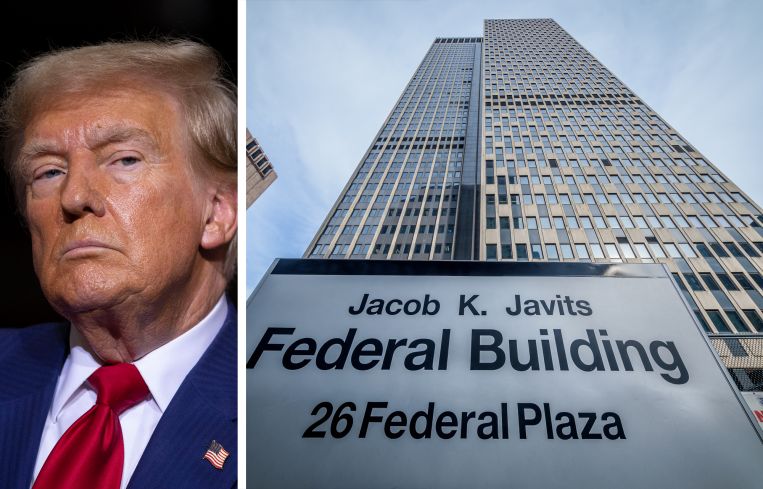 President Donald Trump and the Jacob K. Javits Federal Building in Manhattan.