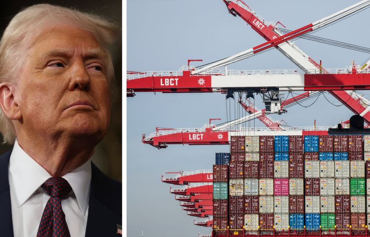 President Donald Trump and containters and cranes at the Port of Long Beach.