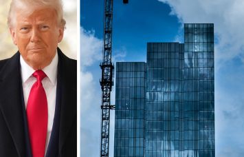 President Donald Trump and a glass and steel building under construction in Austin, Texas.