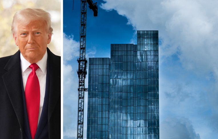 President Donald Trump and a glass and steel building under construction in Austin, Texas.
