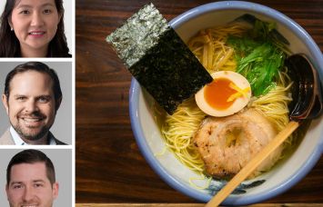 Cresa's Elisa Tsai, Cushman & Wakefield's Steven Soutendijk and Sean Moran, and a bowl of ramen soup at AFURI Ramen.