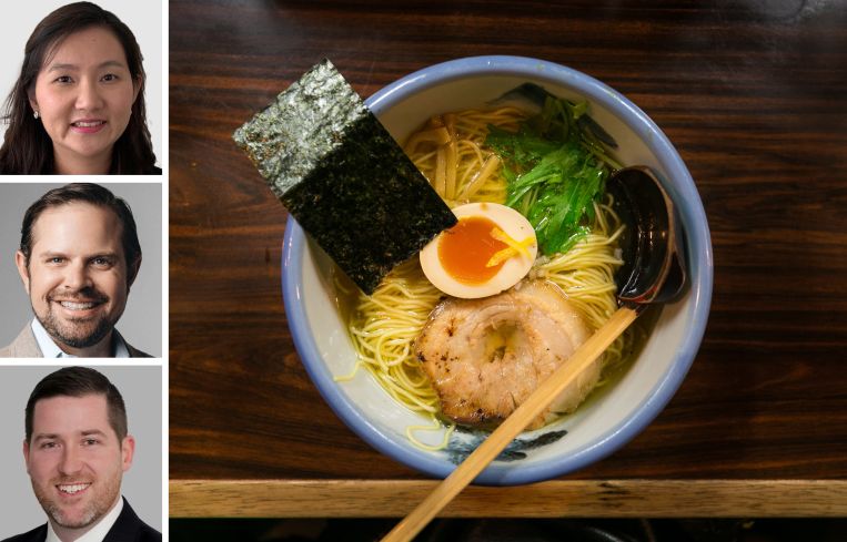 Cresa's Elisa Tsai, Cushman & Wakefield's Steven Soutendijk and Sean Moran, and a bowl of ramen soup at AFURI Ramen.