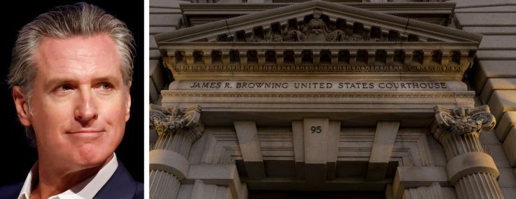 California Governor Gavin Newsom and the entrance to the United States Court of Appeal for the Ninth Circuit.