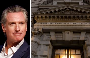 California Governor Gavin Newsom and the entrance to the United States Court of Appeal for the Ninth Circuit.