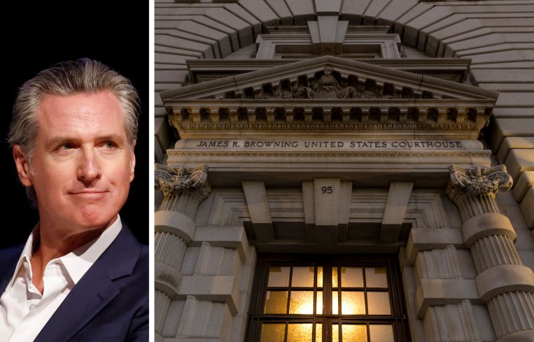 California Governor Gavin Newsom and the entrance to the United States Court of Appeal for the Ninth Circuit.