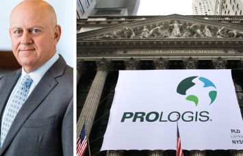 Prologis CEO Hamid Moghadam and a Prologis sign hanging at the New York Stock Exchange.