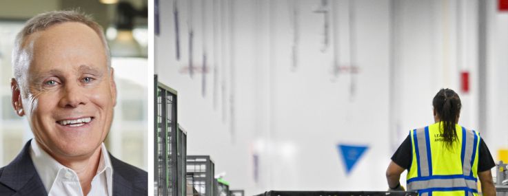 Howard Schwimmer and Michael Frankel, co-CEOs of Rexford, and a worker walking through the aisles of a warehouse.