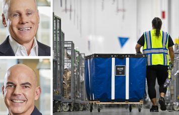 Howard Schwimmer and Michael Frankel, co-CEOs of Rexford, and a worker walking through the aisles of a warehouse.