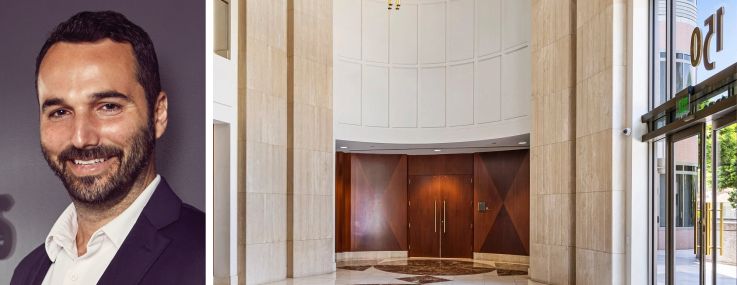Industrious CEO Jamie Hodari and the lobby of 150 Rodeo Drive, Beverly Hills, Calif.