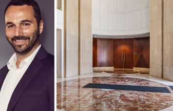 Industrious CEO Jamie Hodari and the lobby of 150 Rodeo Drive, Beverly Hills, Calif.