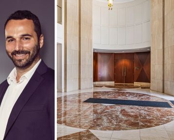 Industrious CEO Jamie Hodari and the lobby of 150 Rodeo Drive, Beverly Hills, Calif.