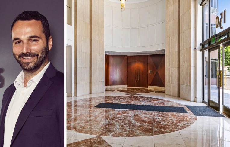Industrious CEO Jamie Hodari and the lobby of 150 Rodeo Drive, Beverly Hills, Calif.