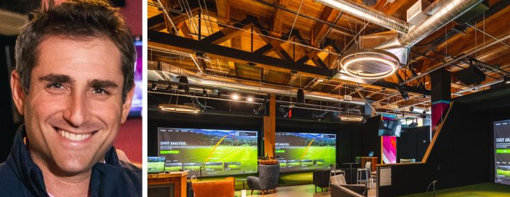 Five Iron Golf CEO Jared Solomon and the inside of a Five Iron Golf location.