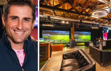 Five Iron Golf CEO Jared Solomon and the inside of a Five Iron Golf location.