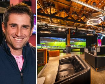 Five Iron Golf CEO Jared Solomon and the inside of a Five Iron Golf location.