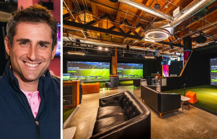 Five Iron Golf CEO Jared Solomon and the inside of a Five Iron Golf location.