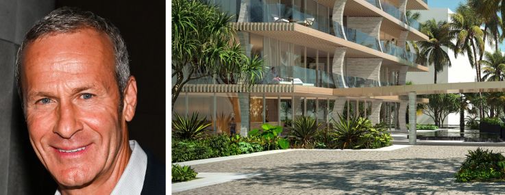 Jonathan Goldstein of Cain International, Vlad Doronin of OKO Group, and a rendering of the proposed 2730 South Ocean Boulevard.