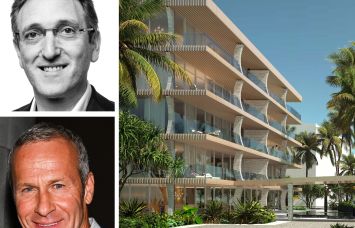 Jonathan Goldstein of Cain International, Vlad Doronin of OKO Group, and a rendering of the proposed 2730 South Ocean Boulevard.