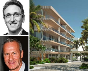 Jonathan Goldstein of Cain International, Vlad Doronin of OKO Group, and a rendering of the proposed 2730 South Ocean Boulevard.