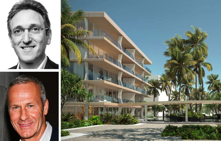 Jonathan Goldstein of Cain International, Vlad Doronin of OKO Group, and a rendering of the proposed 2730 South Ocean Boulevard.