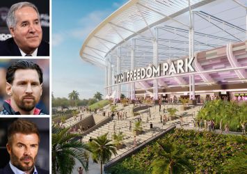 Inter Miami CF owner Jorge Mas, Lionel Messi, David Beckham, and a rendering of Miami Freedom Park.